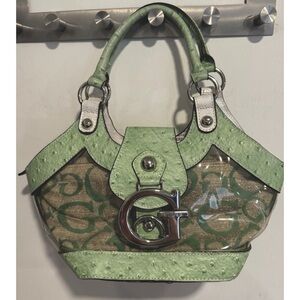 Like NEW GUESS Vintage Y2K Mini Monogrammed Hand Bag Purse Green Linen tote Logo